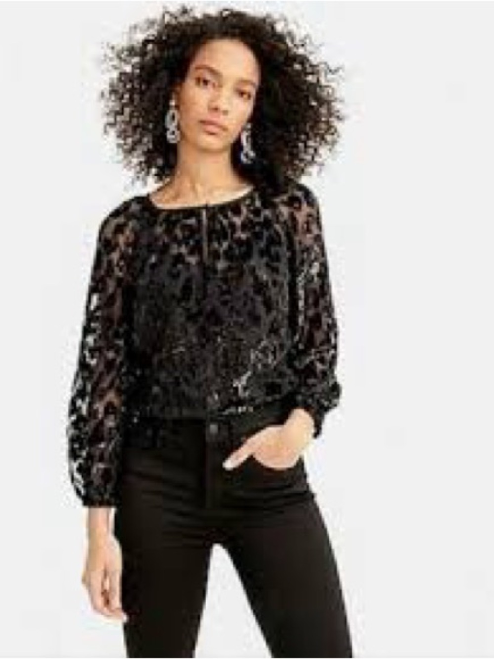 Jcrew Black Velvet Burnout Long-Sleeve Top